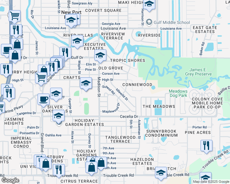 map of restaurants, bars, coffee shops, grocery stores, and more near 5202 School Road in New Port Richey