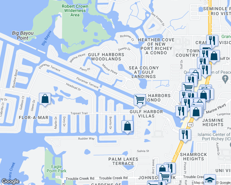 map of restaurants, bars, coffee shops, grocery stores, and more near 4429 Floramar Terrace in Port Richey