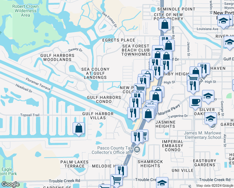 map of restaurants, bars, coffee shops, grocery stores, and more near 4832 Onyx Lane in New Port Richey
