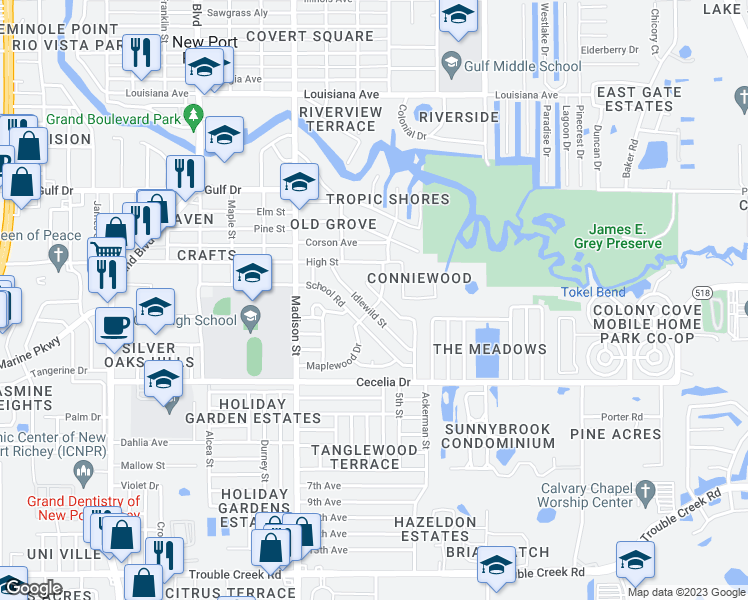 map of restaurants, bars, coffee shops, grocery stores, and more near 5217 Greenwood Street in New Port Richey