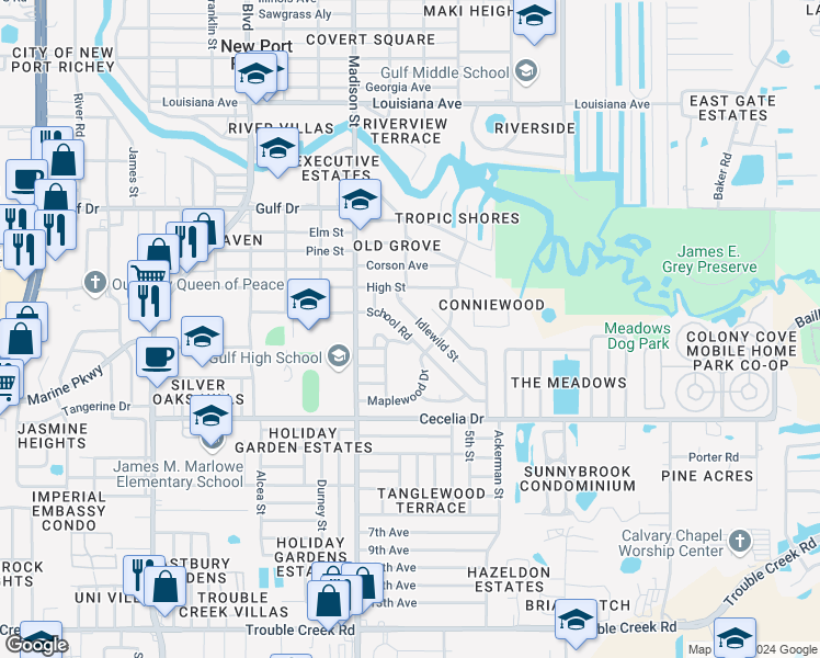 map of restaurants, bars, coffee shops, grocery stores, and more near 5208 School Road in New Port Richey