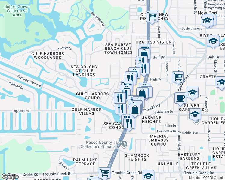 map of restaurants, bars, coffee shops, grocery stores, and more near 5154 Turquoise Lane in New Port Richey