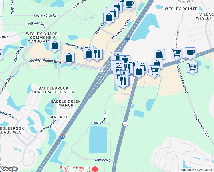 map of restaurants, bars, coffee shops, grocery stores, and more near 5300 Eagleston Boulevard in Wesley Chapel