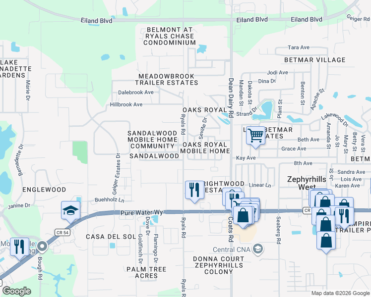 map of restaurants, bars, coffee shops, grocery stores, and more near 5315 Antigua Drive in Zephyrhills