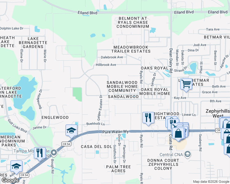 map of restaurants, bars, coffee shops, grocery stores, and more near 5316 Ixora Street in Zephyrhills