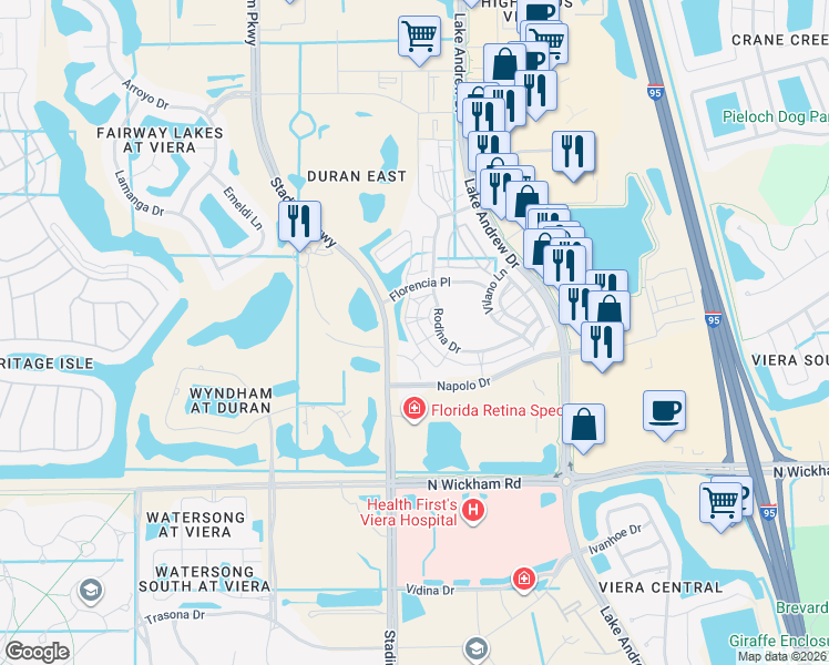 map of restaurants, bars, coffee shops, grocery stores, and more near 7153 Vista Hermosa Drive in Melbourne