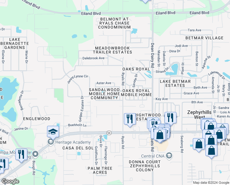 map of restaurants, bars, coffee shops, grocery stores, and more near 36140 Primrose Lane in Zephyrhills