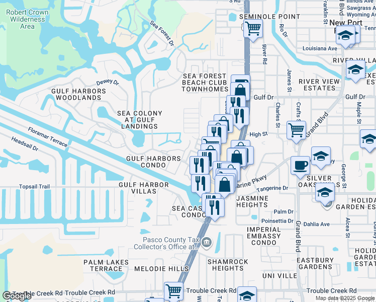 map of restaurants, bars, coffee shops, grocery stores, and more near 5207 Turquoise Lane in New Port Richey