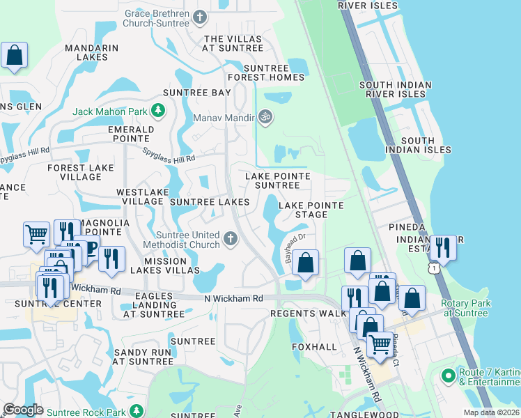 map of restaurants, bars, coffee shops, grocery stores, and more near 381 Timberlake Drive in Melbourne