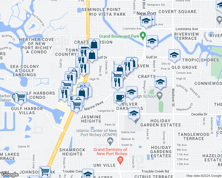 map of restaurants, bars, coffee shops, grocery stores, and more near 5212 Allamanda Drive in New Port Richey