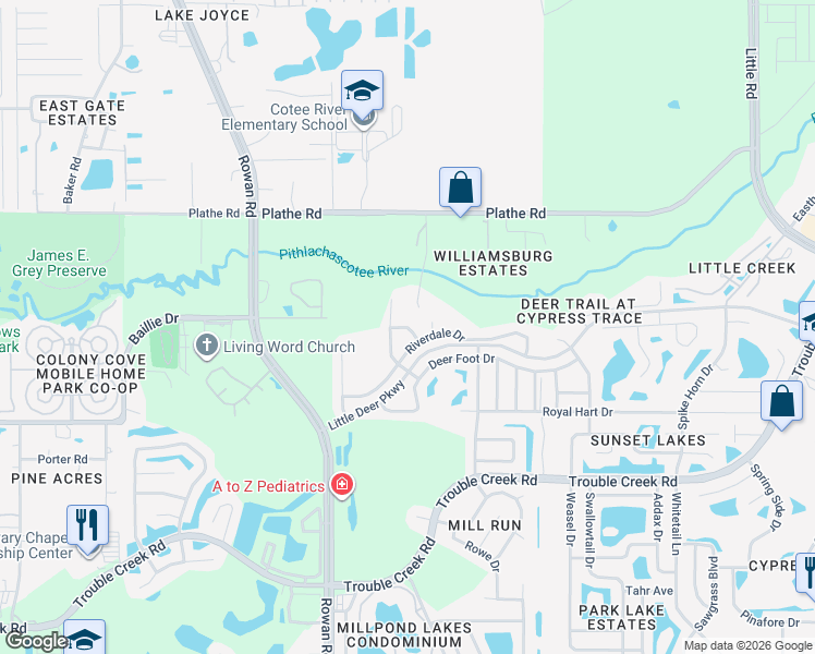 map of restaurants, bars, coffee shops, grocery stores, and more near 7646 Running Deer Lane in New Port Richey