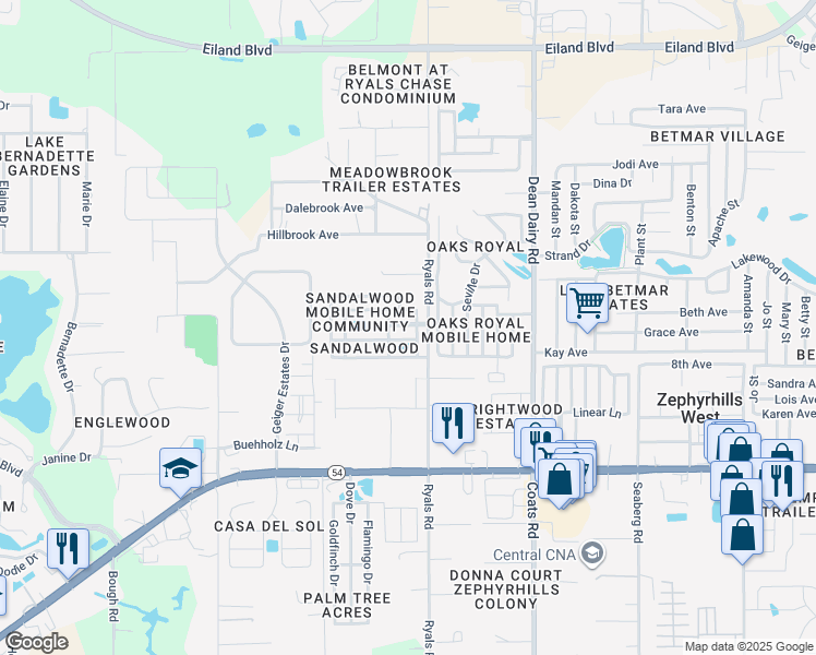map of restaurants, bars, coffee shops, grocery stores, and more near 5311 Croton Street in Zephyrhills