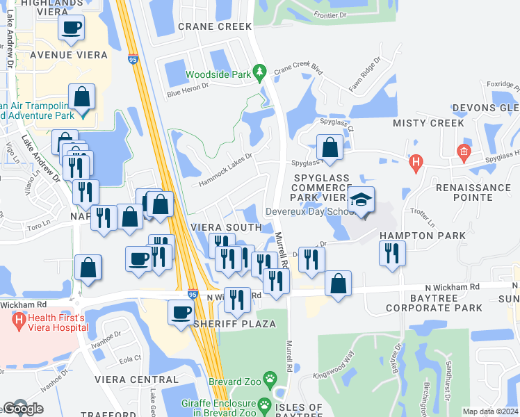 map of restaurants, bars, coffee shops, grocery stores, and more near 7035 Hammock Trace Drive in Melbourne