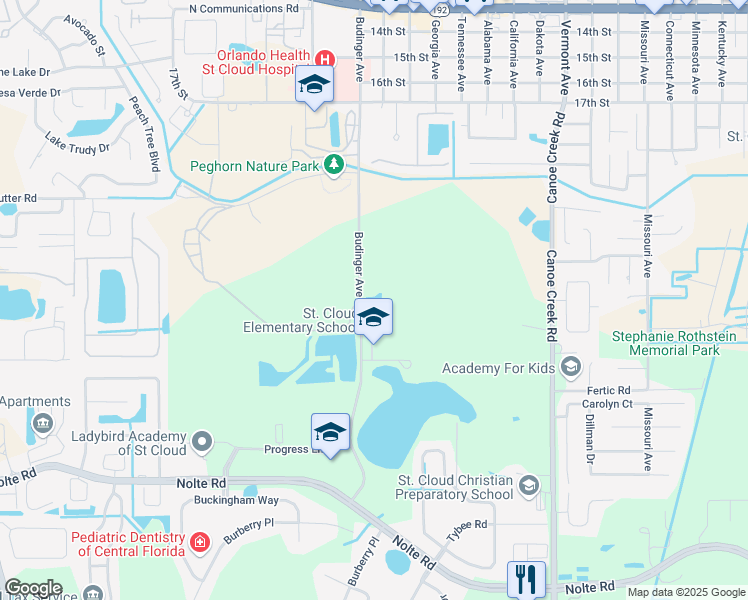 map of restaurants, bars, coffee shops, grocery stores, and more near 2701 Budinger Avenue in Saint Cloud
