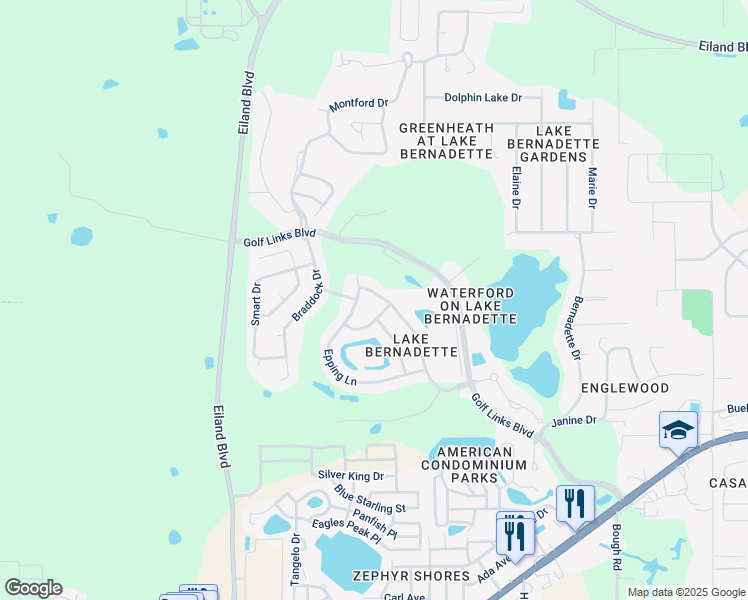 map of restaurants, bars, coffee shops, grocery stores, and more near 34843 Chelmsford Lane in Zephyrhills