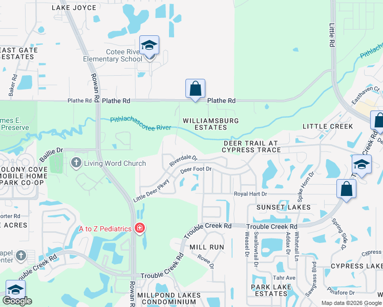 map of restaurants, bars, coffee shops, grocery stores, and more near 7750 Riverdale Drive in New Port Richey