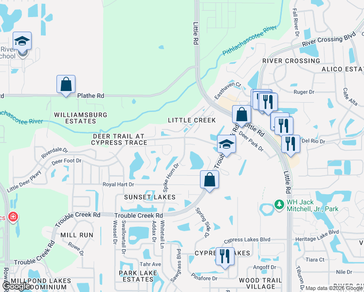 map of restaurants, bars, coffee shops, grocery stores, and more near 5161 Spike Horn Drive in New Port Richey