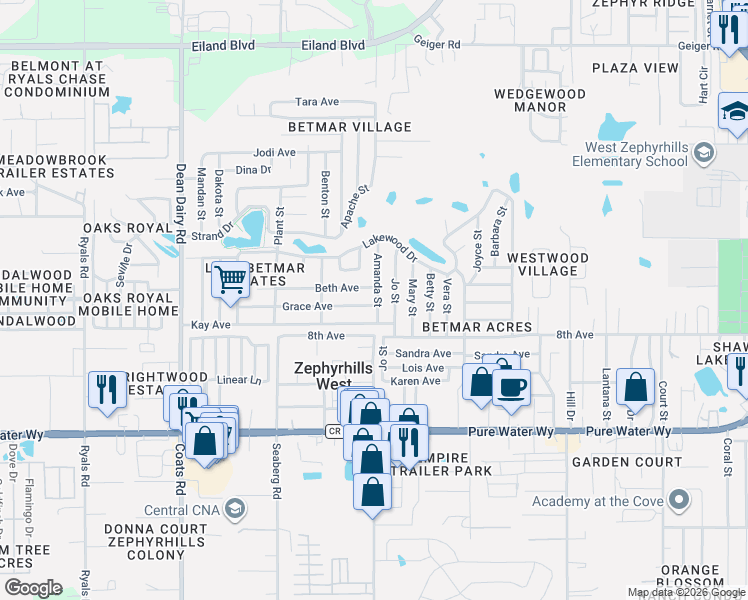 map of restaurants, bars, coffee shops, grocery stores, and more near 5302 Amanda Street in Zephyrhills