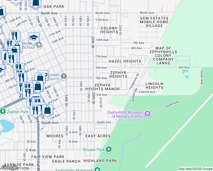 map of restaurants, bars, coffee shops, grocery stores, and more near 39108 Manor Drive in Zephyrhills