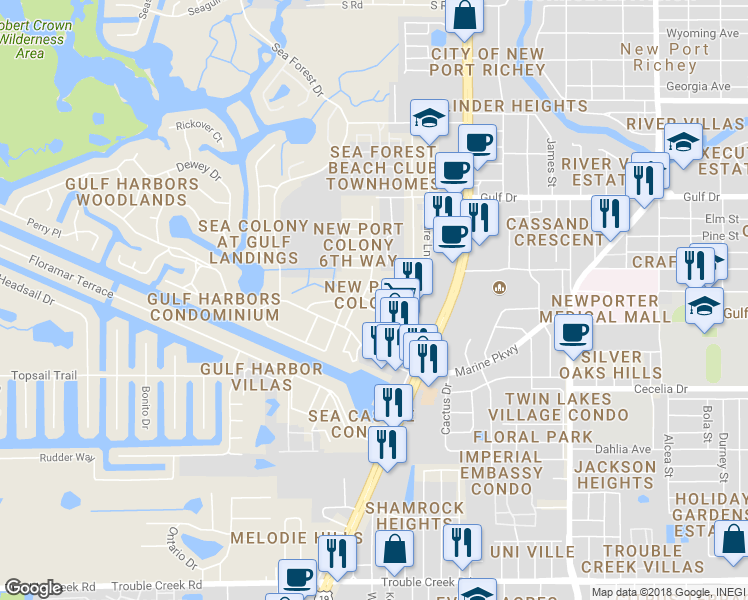map of restaurants, bars, coffee shops, grocery stores, and more near 5003 Allner Street in New Port Richey