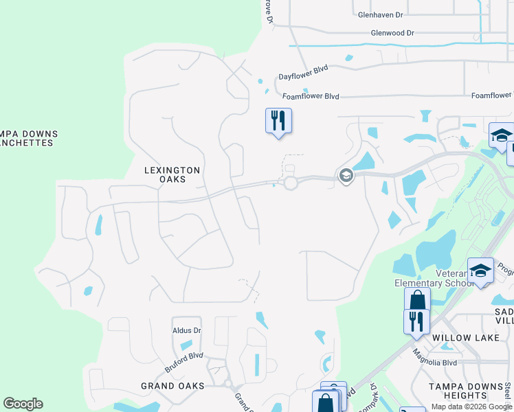 map of restaurants, bars, coffee shops, grocery stores, and more near 5410 Lookout Pass in Wesley Chapel