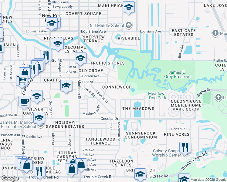 map of restaurants, bars, coffee shops, grocery stores, and more near 6355 Conniewood Square in New Port Richey