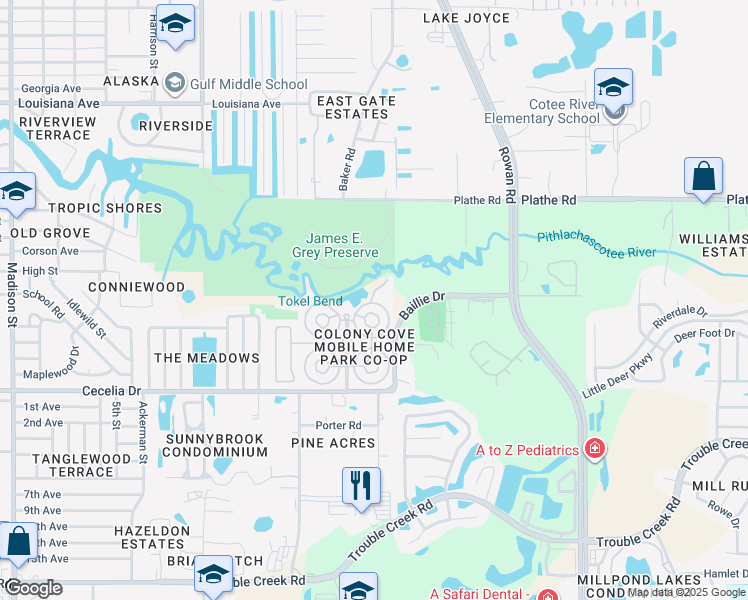 map of restaurants, bars, coffee shops, grocery stores, and more near 5238 Poinciana Circle in New Port Richey