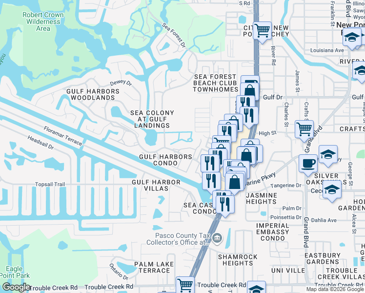 map of restaurants, bars, coffee shops, grocery stores, and more near 4832 Onyx Lane in New Port Richey