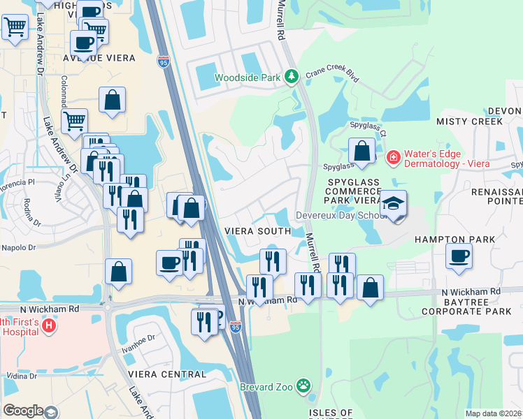 map of restaurants, bars, coffee shops, grocery stores, and more near 8004 Bracken Lane in Melbourne