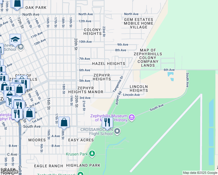 map of restaurants, bars, coffee shops, grocery stores, and more near 5323 Satsuma Drive in Zephyrhills