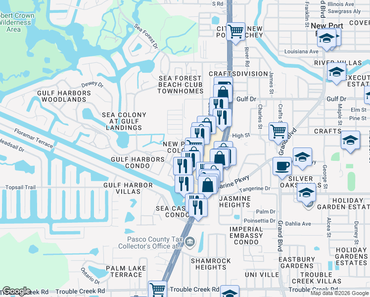 map of restaurants, bars, coffee shops, grocery stores, and more near 5016 Allner Street in Port Richey