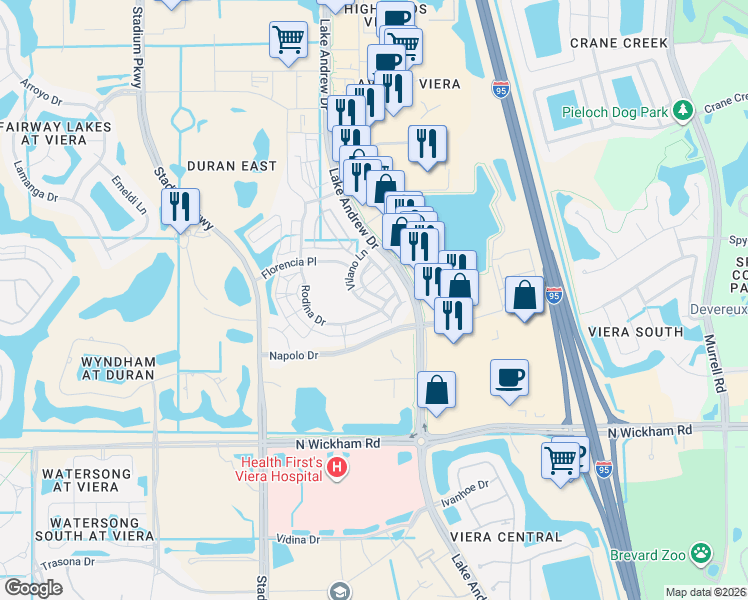 map of restaurants, bars, coffee shops, grocery stores, and more near 2363 Rodina Drive in Melbourne