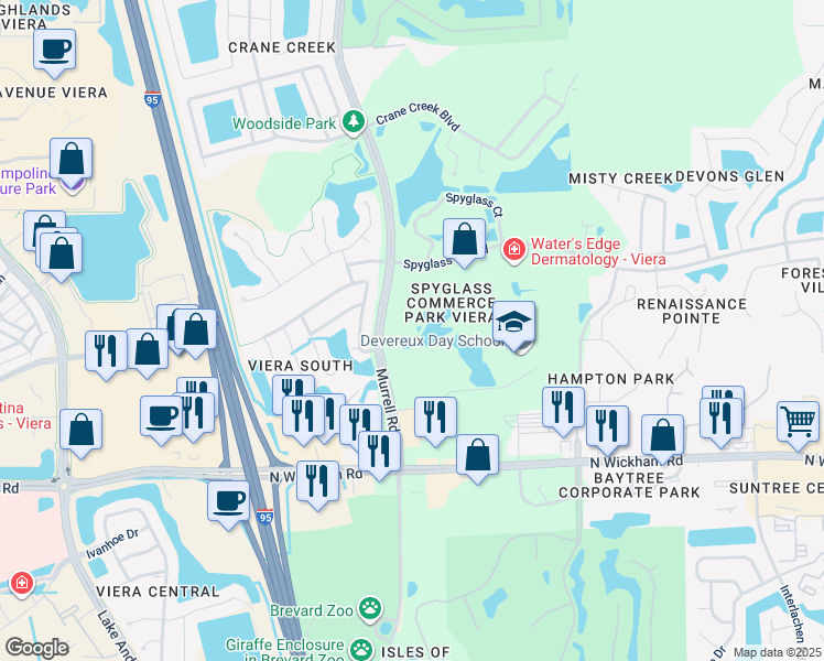 map of restaurants, bars, coffee shops, grocery stores, and more near 7225 Murrell Road in Melbourne