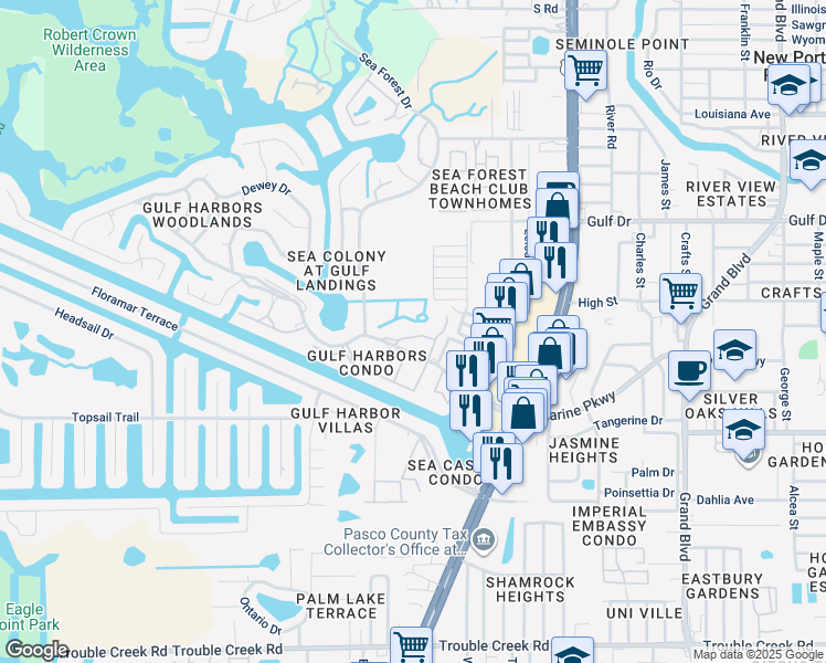 map of restaurants, bars, coffee shops, grocery stores, and more near 4832 Onyx Lane in New Port Richey