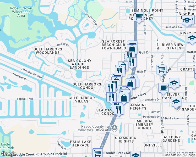map of restaurants, bars, coffee shops, grocery stores, and more near 4849 Onyx Lane in New Port Richey