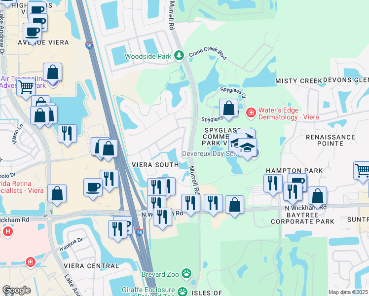 map of restaurants, bars, coffee shops, grocery stores, and more near 7032 Hammock Trace Drive in Melbourne