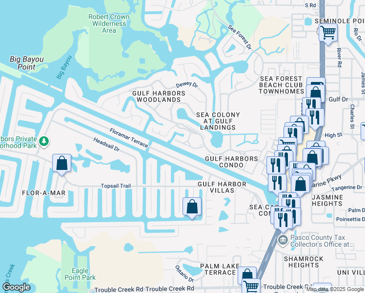 map of restaurants, bars, coffee shops, grocery stores, and more near 4457 Floramar Terrace in Port Richey