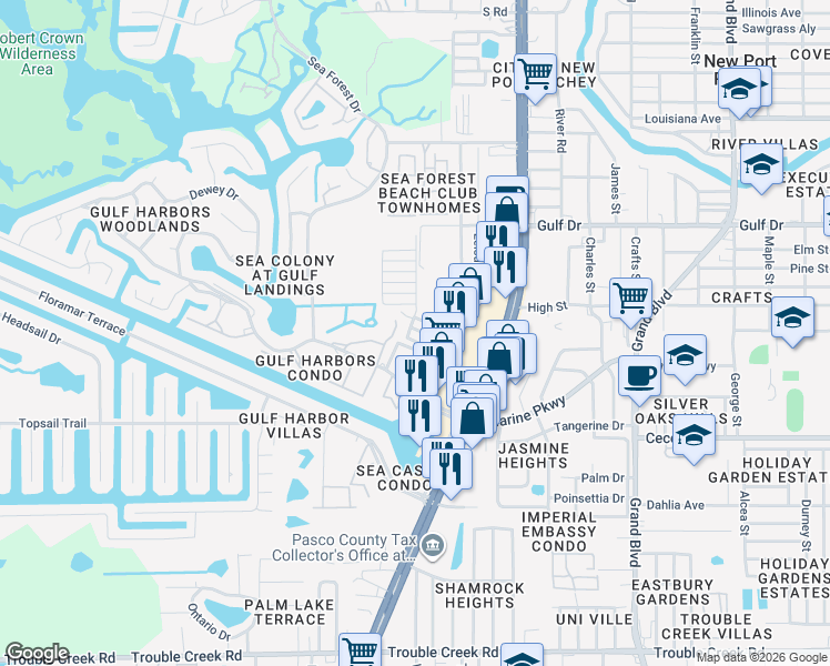 map of restaurants, bars, coffee shops, grocery stores, and more near 5154 Turquoise Lane in New Port Richey