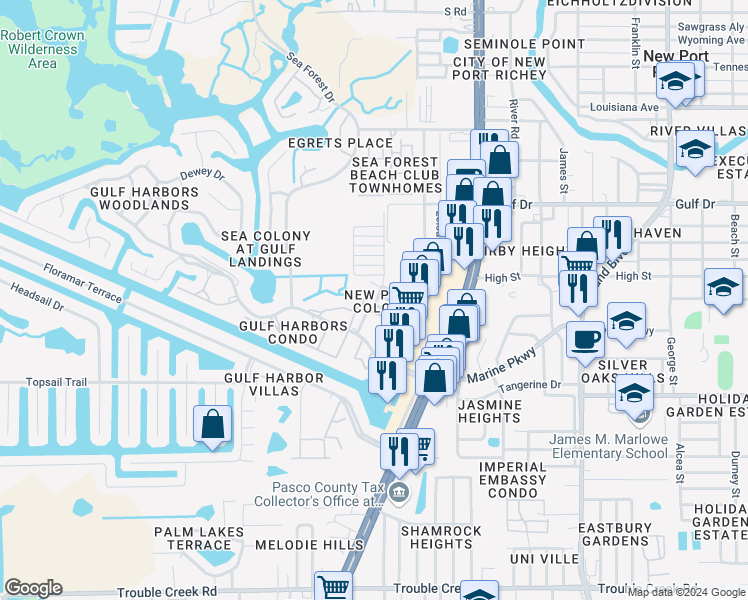 map of restaurants, bars, coffee shops, grocery stores, and more near 5227 Merit Drive in New Port Richey