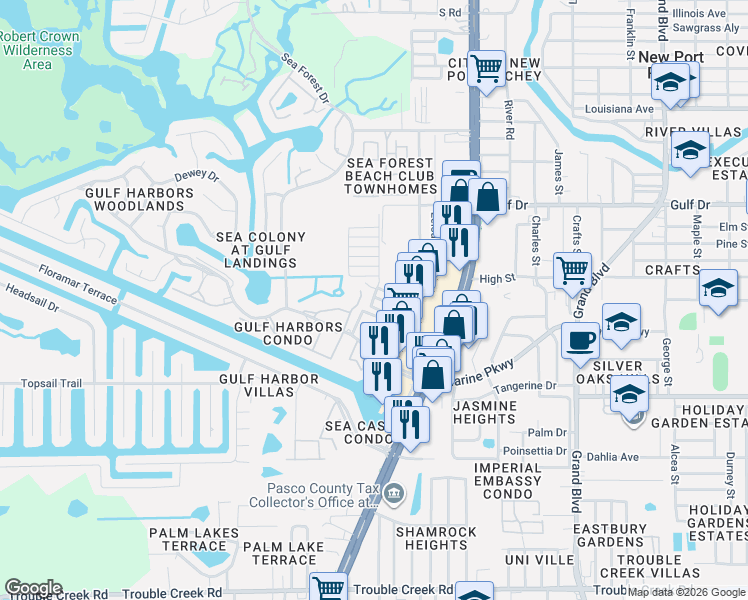 map of restaurants, bars, coffee shops, grocery stores, and more near 4933 Docner Street in New Port Richey