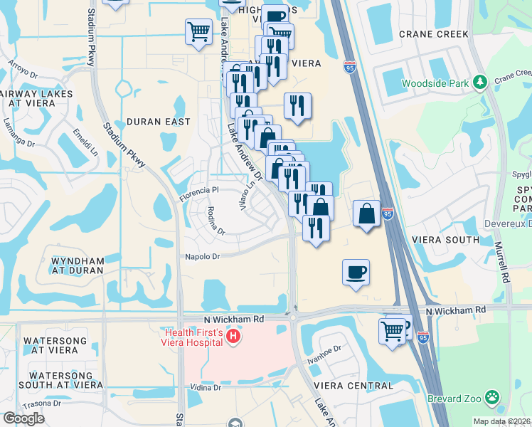 map of restaurants, bars, coffee shops, grocery stores, and more near 7115 Primavera Lane in Melbourne