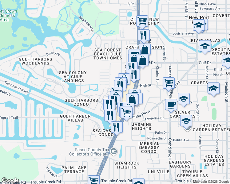map of restaurants, bars, coffee shops, grocery stores, and more near 5307 Charlotte Avenue in Port Richey