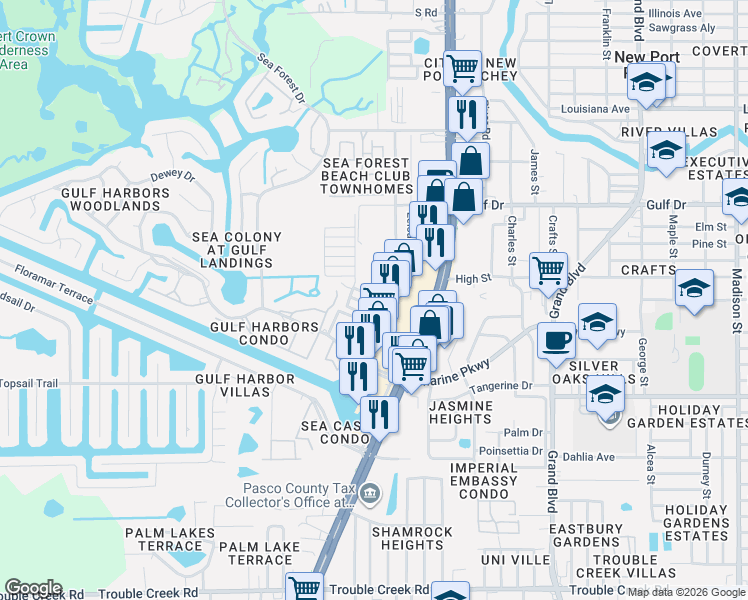 map of restaurants, bars, coffee shops, grocery stores, and more near 5307 Charlotte Avenue in Port Richey
