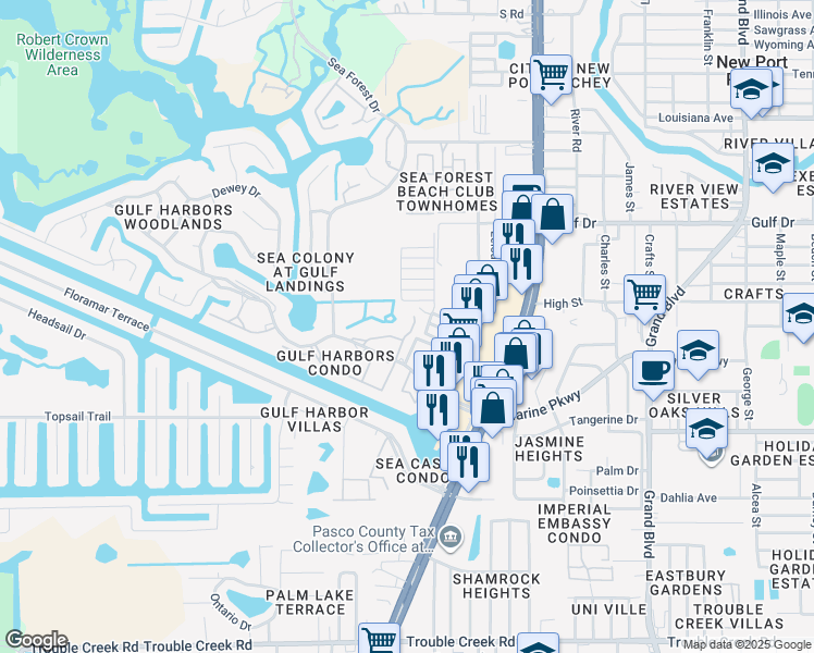 map of restaurants, bars, coffee shops, grocery stores, and more near 4933 Docner Street in New Port Richey