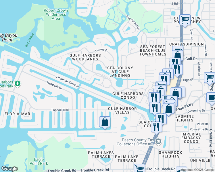 map of restaurants, bars, coffee shops, grocery stores, and more near 4540 Marine Parkway in Port Richey