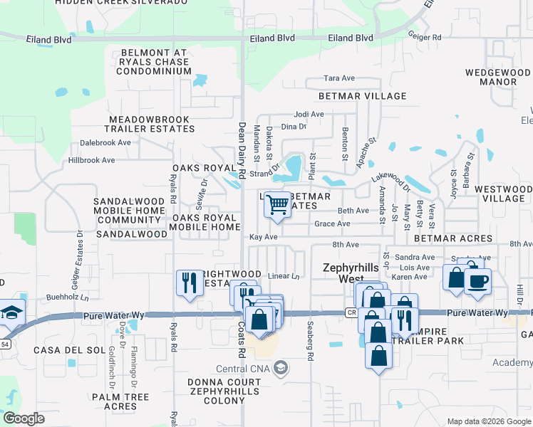 map of restaurants, bars, coffee shops, grocery stores, and more near 5402 Mohawk Street in Zephyrhills