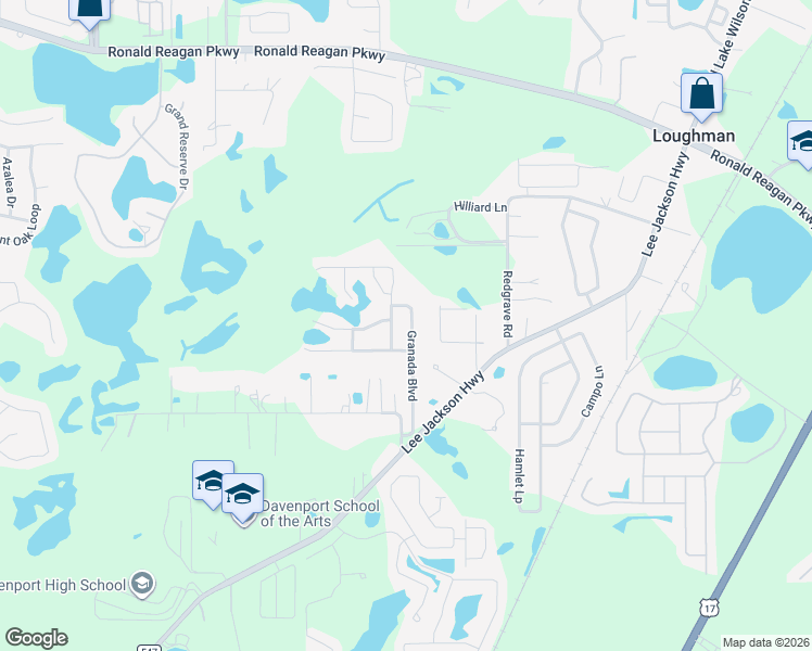 map of restaurants, bars, coffee shops, grocery stores, and more near 345 Granada Boulevard in Davenport