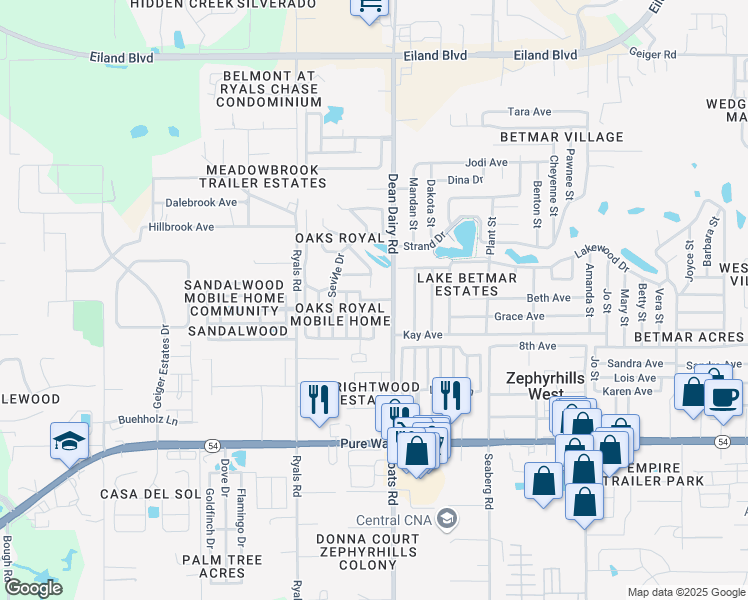 map of restaurants, bars, coffee shops, grocery stores, and more near 7222 Aurora Drive in Zephyrhills