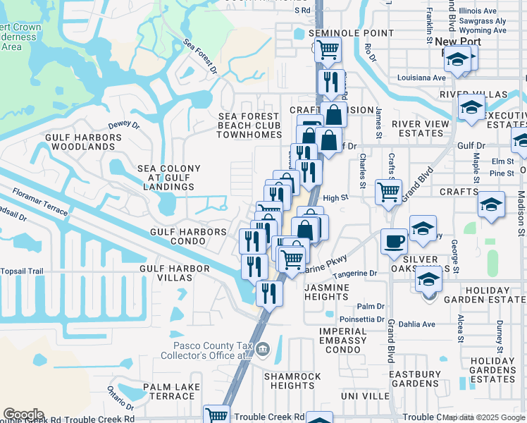 map of restaurants, bars, coffee shops, grocery stores, and more near 5026 Canner Street in New Port Richey