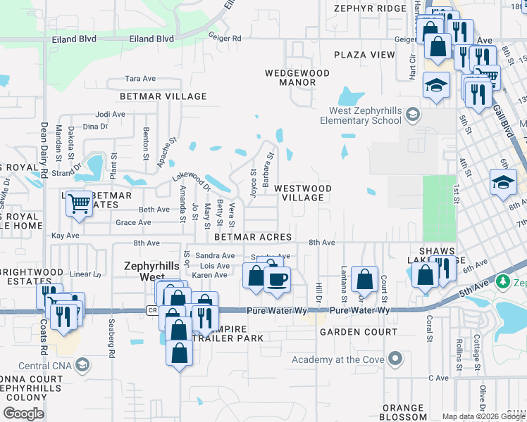 map of restaurants, bars, coffee shops, grocery stores, and more near 37246 Carol Avenue in Zephyrhills